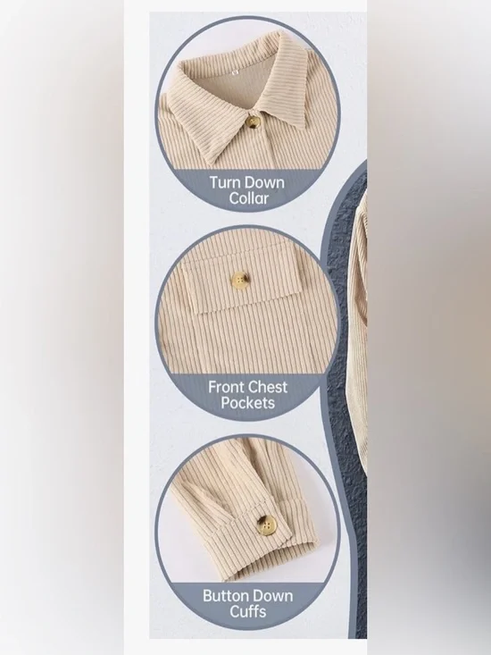 Women’S Beige Corduroy Button-Front Cropped Jacket - Picture 2 of 12